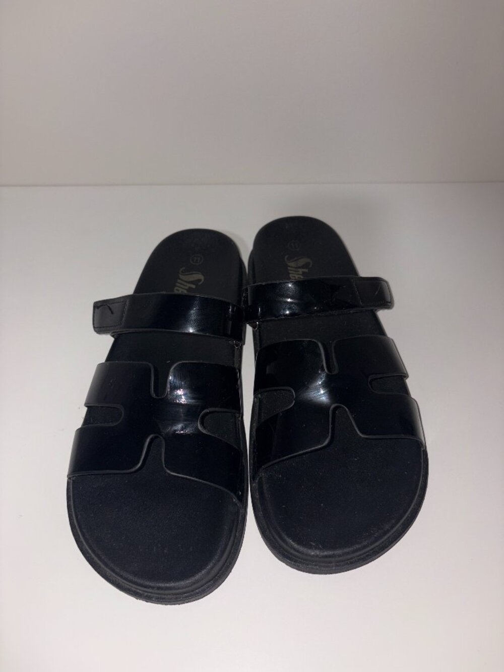 Black Patent Leather H Strap Slides